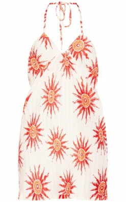 Sun Print Plisse Halterneck Shift Dress-PrettyLittleThing