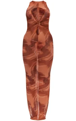 Rust Swirl Mesh Cut Out Beach Dress