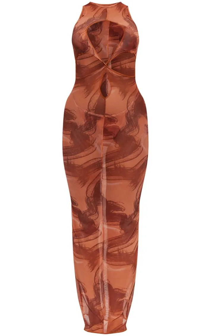 Rust Swirl Mesh Cut Out Beach Dress