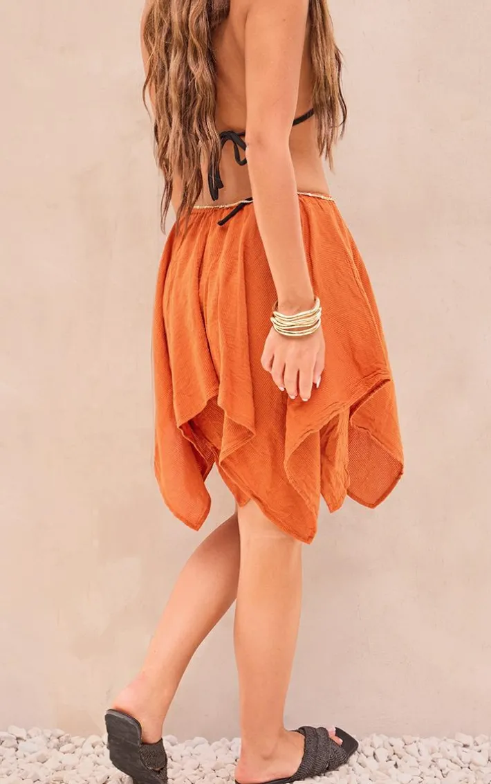Rust Textured Woven Handkerchief Hem Midi Skirt