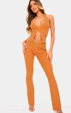 PrettyLittleThing Two Tone Knit Flared Pants Rust