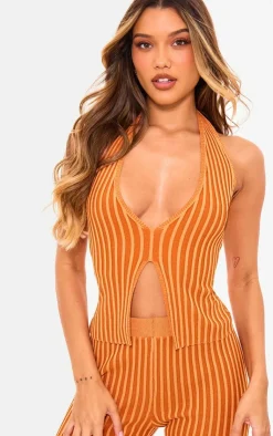 Clearance PrettyLittleThing Two Tone Knit Halter Neck Split Top Rust