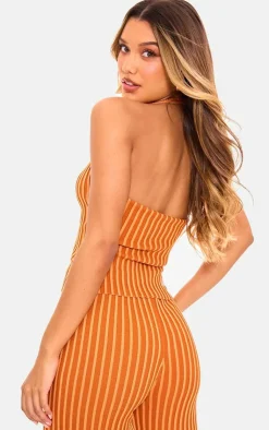 Clearance PrettyLittleThing Two Tone Knit Halter Neck Split Top Rust