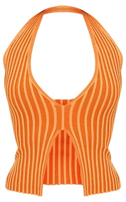 Clearance PrettyLittleThing Two Tone Knit Halter Neck Split Top Rust