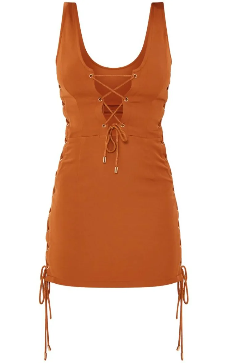 Woven Lace Up Detail Strappy Bodycon Dress-PrettyLittleThing New