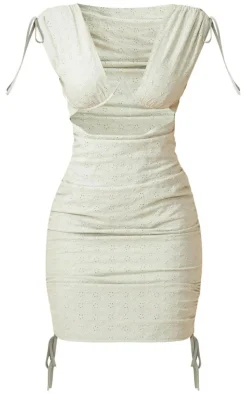 Broderie Anglaise Plunge Cut Out Ruched Bodycon Dress-PrettyLittleThing Online