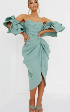 Bardot Frill Sleeve Draped Midi Dress-PrettyLittleThing Hot