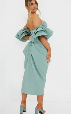 Bardot Frill Sleeve Draped Midi Dress-PrettyLittleThing Hot