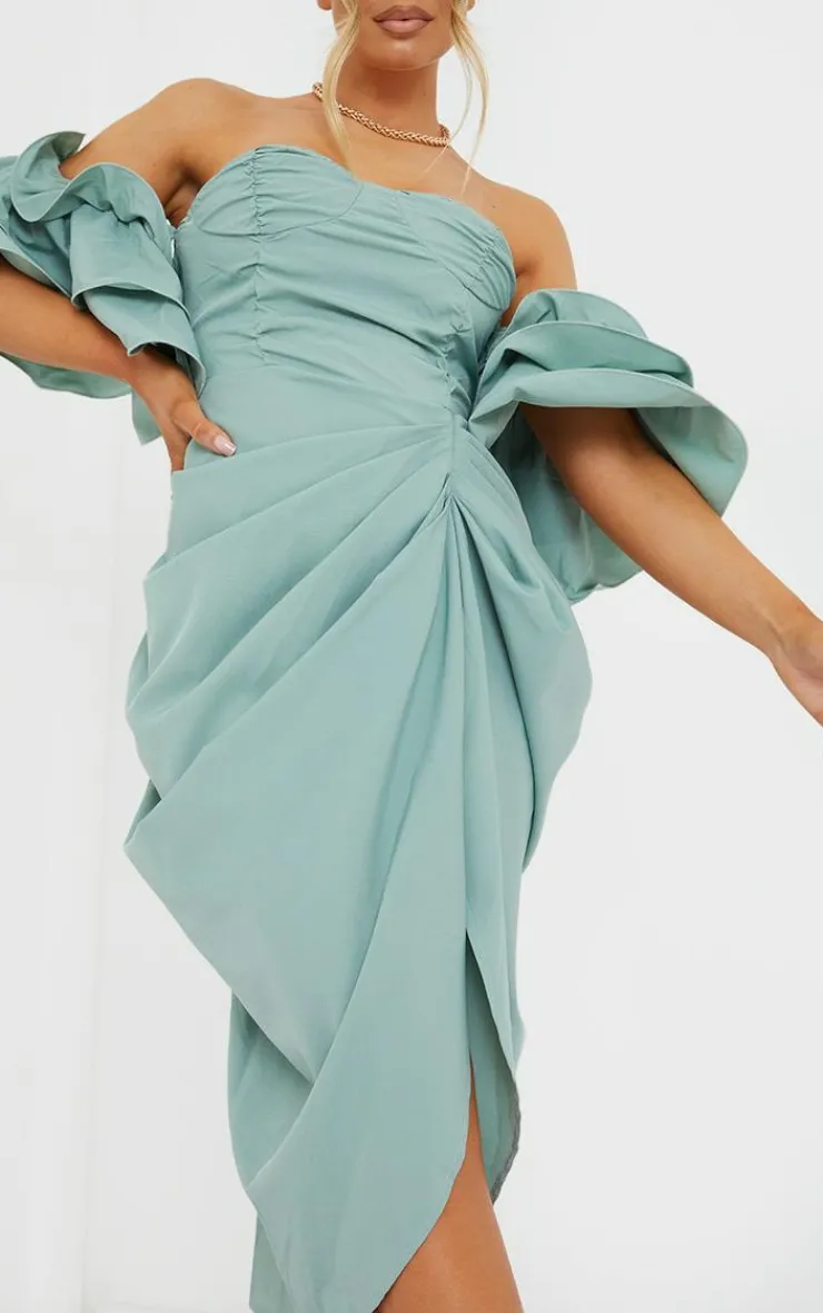 Bardot Frill Sleeve Draped Midi Dress-PrettyLittleThing Hot