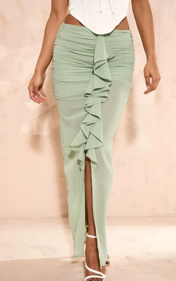 Sage Green Chiffon Ruffle Front Maxi Skirt