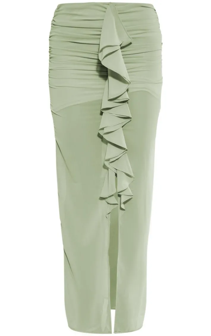 Sage Green Chiffon Ruffle Front Maxi Skirt