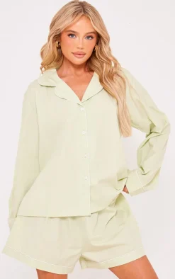 PrettyLittleThing Christmas Gifts*Cotton Poplin Piping Long Sleeve Shirt And Short PJ Set