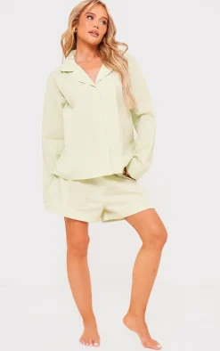 PrettyLittleThing Christmas Gifts*Cotton Poplin Piping Long Sleeve Shirt And Short PJ Set