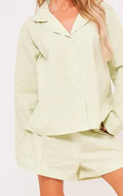 PrettyLittleThing Christmas Gifts*Cotton Poplin Piping Long Sleeve Shirt And Short PJ Set