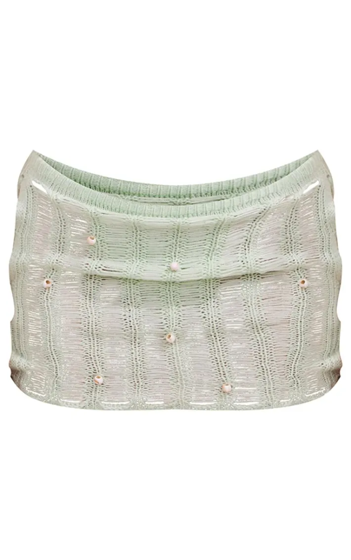 Sage Green Crochet Beaded Laddered Mini Beach Skirt