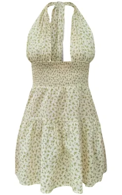 Ditsy Floral Shirred Cross Halterneck Shift Dress-PrettyLittleThing New