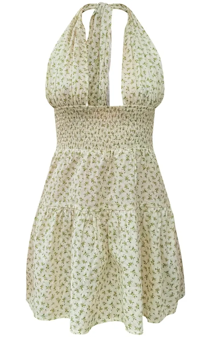 Ditsy Floral Shirred Cross Halterneck Shift Dress-PrettyLittleThing New