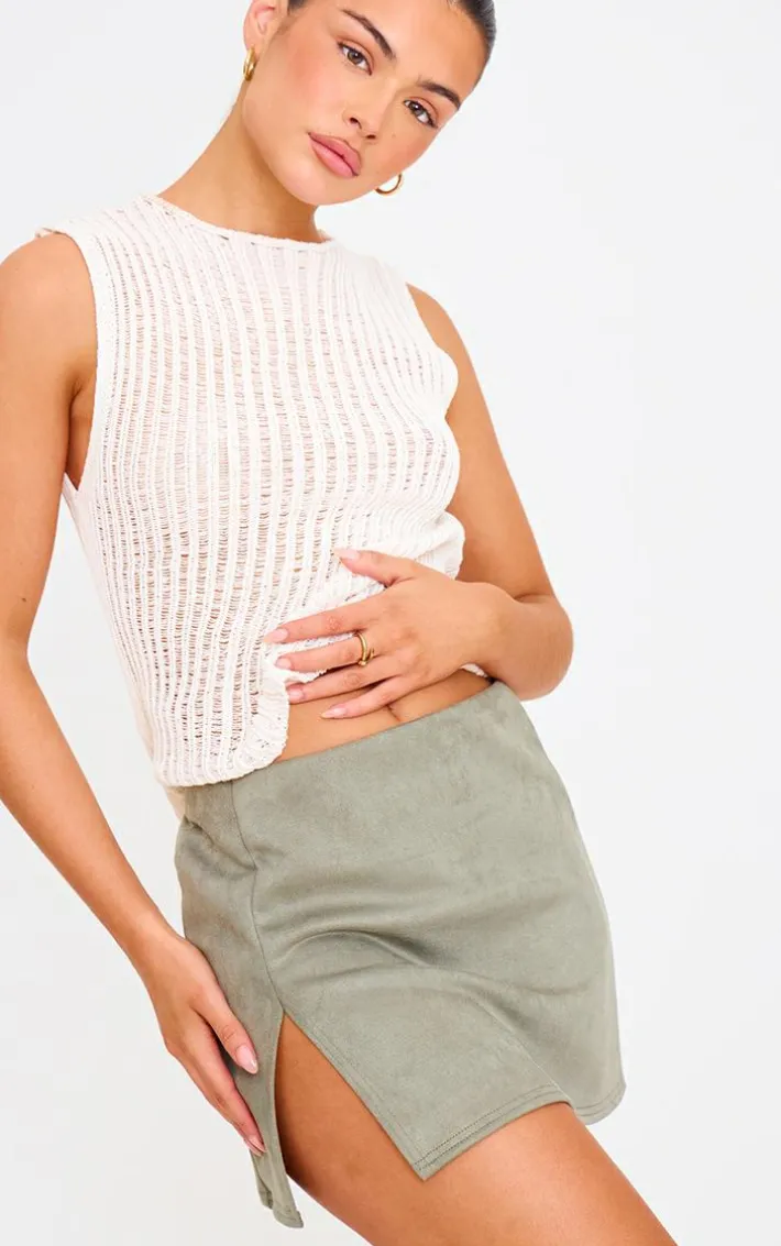 Sage Green Faux Suede Split Hem A Line Mini Skirt