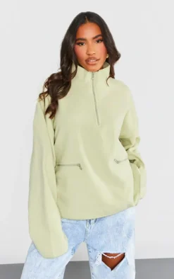 Sage Green Fleece Quarter Zip Pocket Detail Sweatshirt