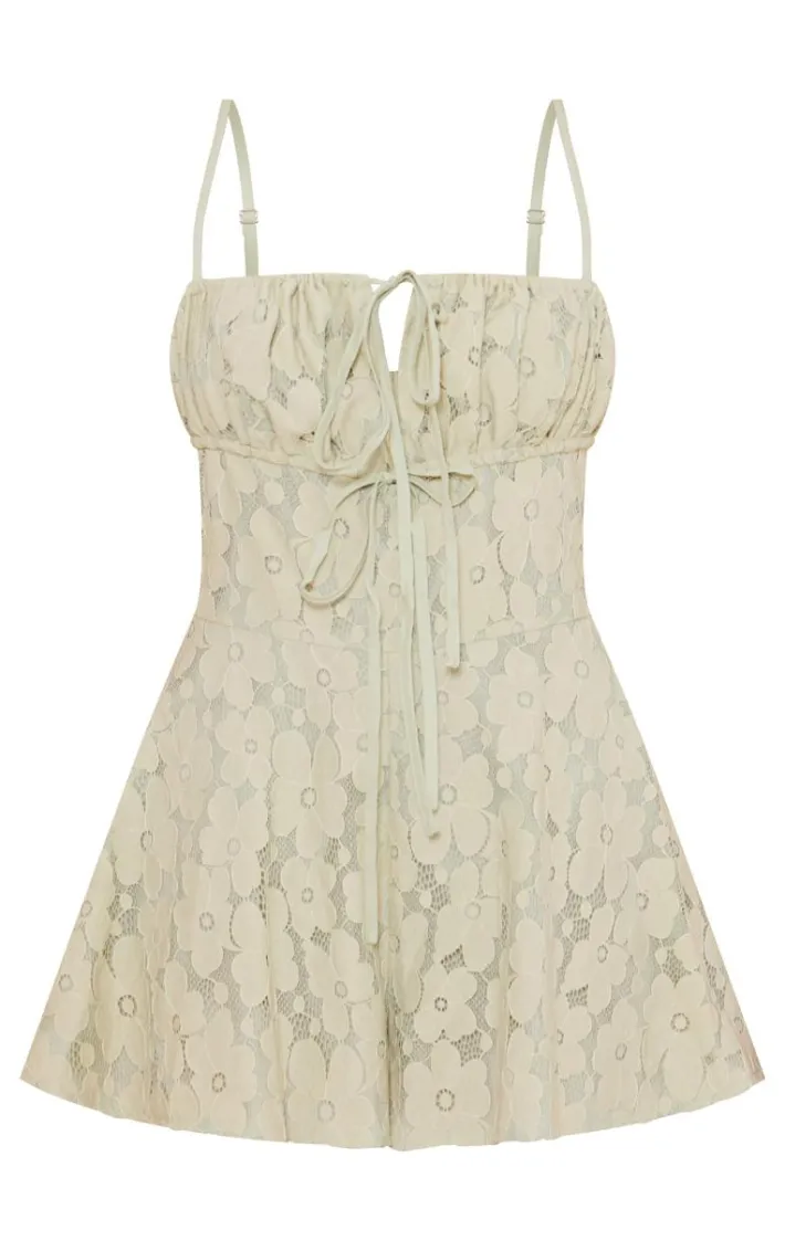Sage Green Floral Lace Strappy Floaty Romper