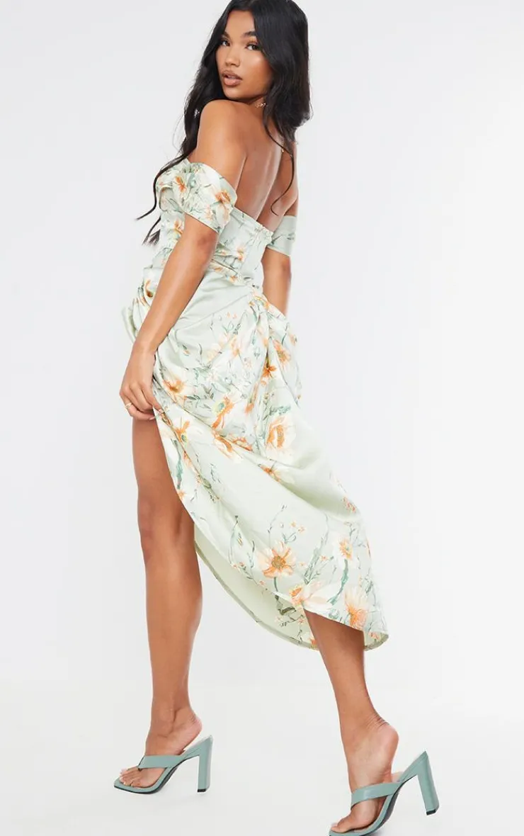 Floral Print Satin Draped Bardot Midi Dress-PrettyLittleThing Sale