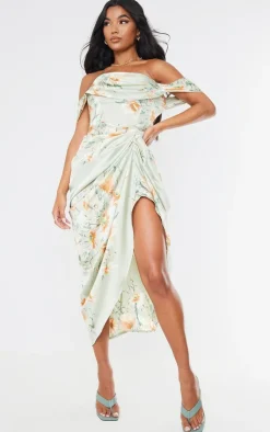 Floral Print Satin Draped Bardot Midi Dress-PrettyLittleThing Sale