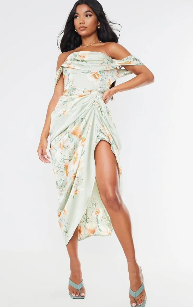 Floral Print Satin Draped Bardot Midi Dress-PrettyLittleThing Sale