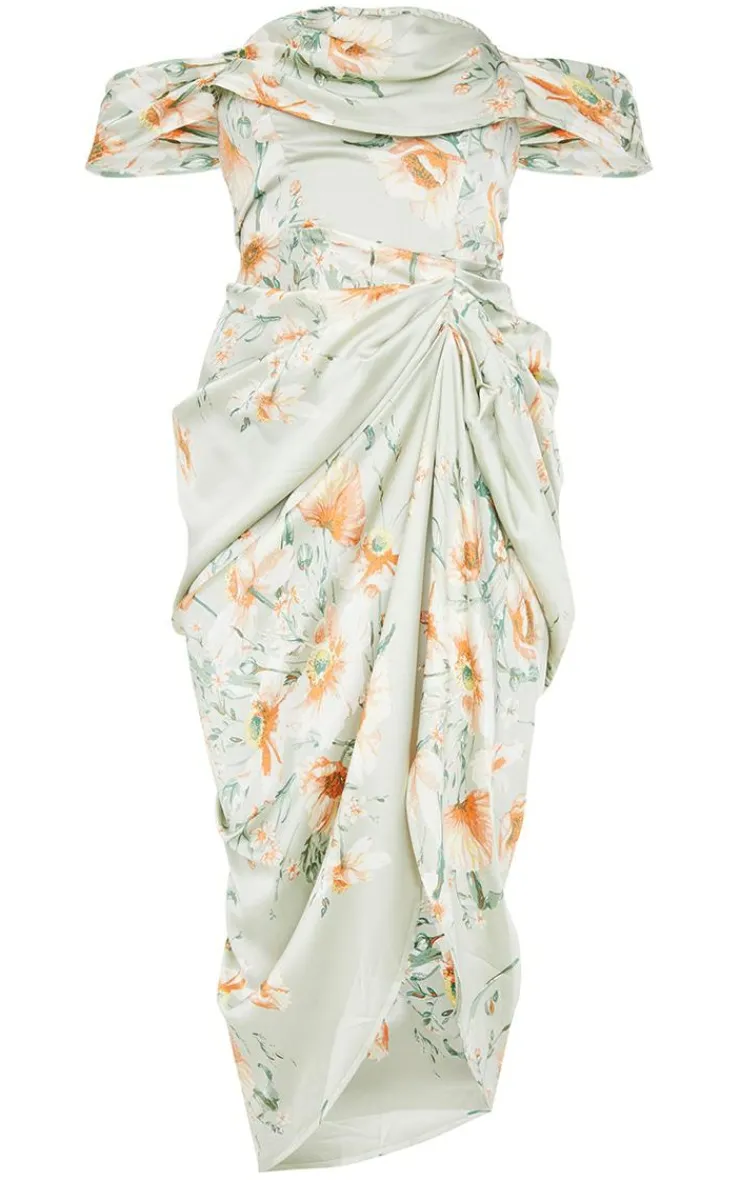 Floral Print Satin Draped Bardot Midi Dress-PrettyLittleThing Sale
