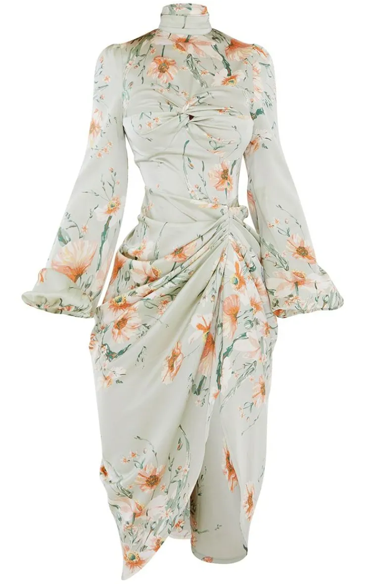 Floral Twist Bust Draped Midi Dress-PrettyLittleThing Outlet