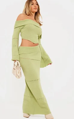 Hot PrettyLittleThing Fold Over Knit Maxi Skirt Sage Green