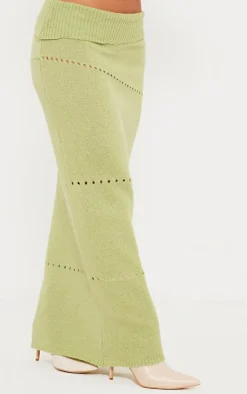 Hot PrettyLittleThing Fold Over Knit Maxi Skirt Sage Green