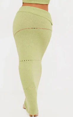 Hot PrettyLittleThing Fold Over Knit Maxi Skirt Sage Green
