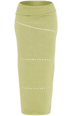 Hot PrettyLittleThing Fold Over Knit Maxi Skirt Sage Green