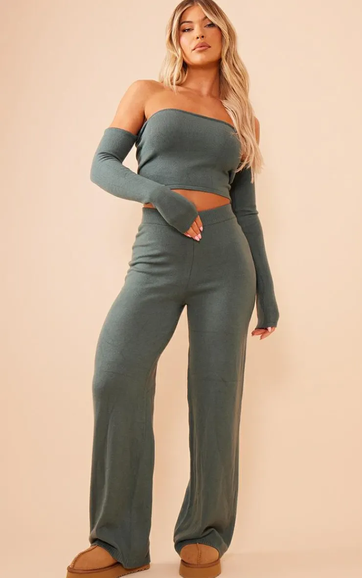 Clearance PrettyLittleThing Knitted Bardot Top Sage Green