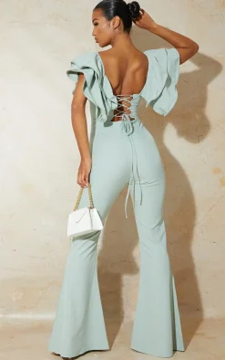 Lace Back Frill Sleeve Jumpsuit-PrettyLittleThing Discount