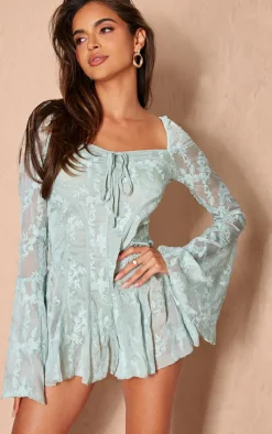 Sage Green Lace Binding Detail Flare Sleeve Romper