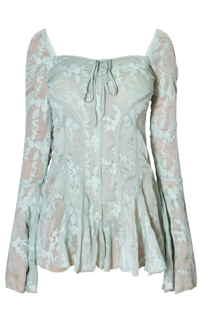 Sage Green Lace Binding Detail Flare Sleeve Romper