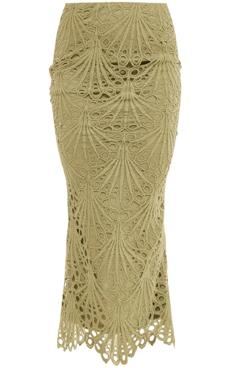 Outlet PrettyLittleThing Lace Midaxi Skirt Sage Green