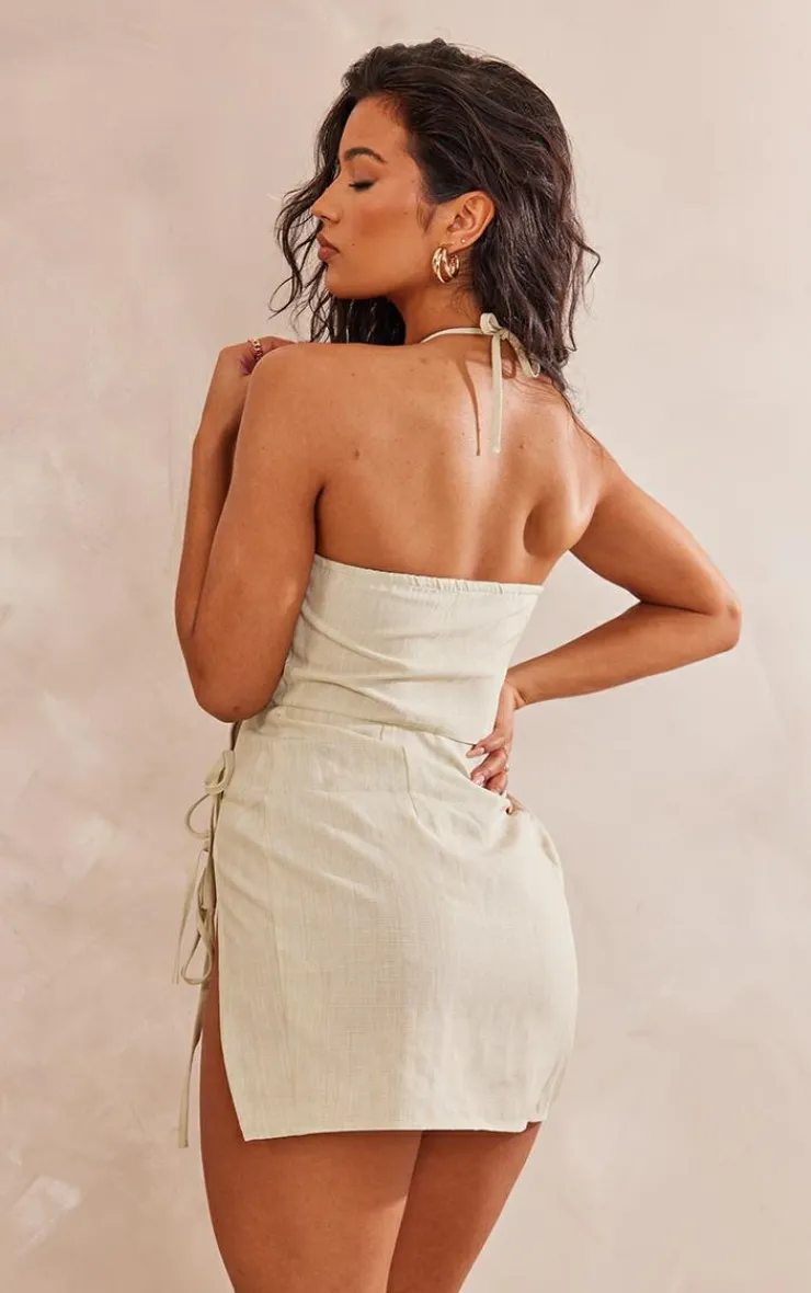 Linen Look Halterneck Tie Detail Corset Bodycon Dress-PrettyLittleThing Best