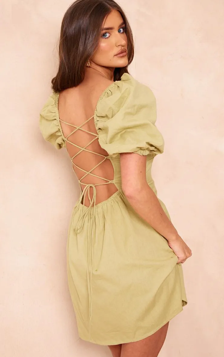 Linen Look Lace Up Back Bodycon Dress-PrettyLittleThing Clearance