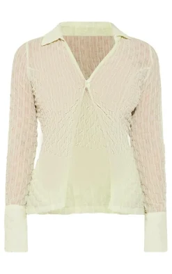 Best PrettyLittleThing Mesh Textured Long Sleeve Open Collar Top Sage Green