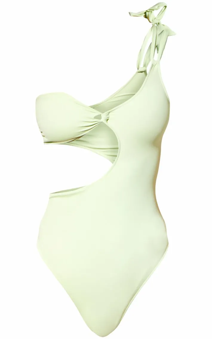 Sage Green One Shoulder Cut Out Swimsuit