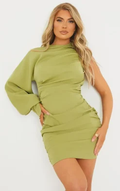 One Sleeve Ruched Woven Bodycon Dress-PrettyLittleThing Sale