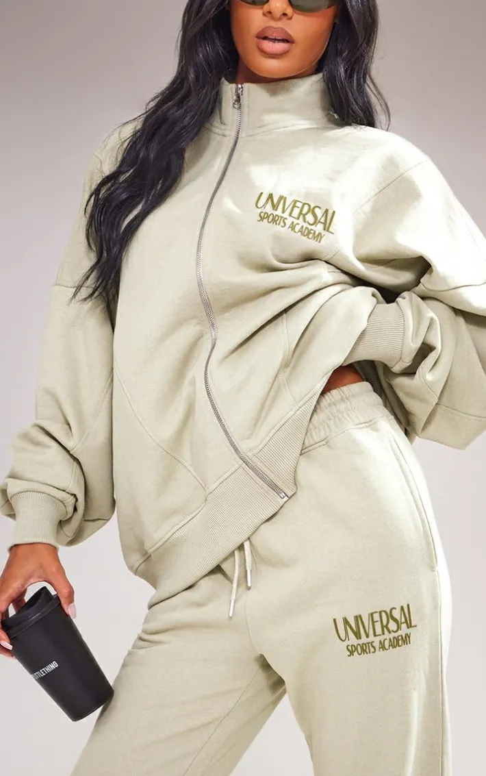 Sage Green Premium Tonal Print Zip Through Panelled Track Top