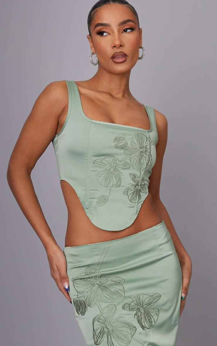 Online PrettyLittleThing Satin Floral Embroidered Corset Sage Green