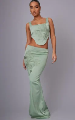 Online PrettyLittleThing Satin Floral Embroidered Corset Sage Green