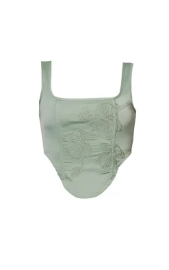 Online PrettyLittleThing Satin Floral Embroidered Corset Sage Green