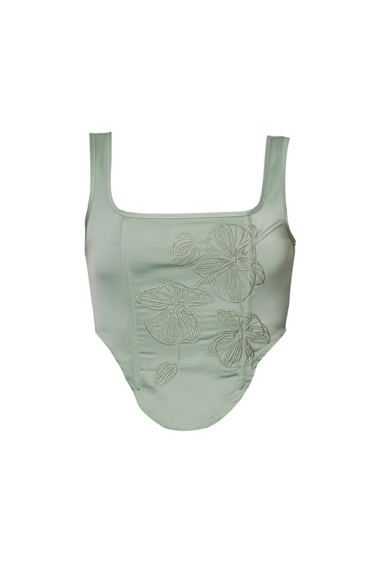 Online PrettyLittleThing Satin Floral Embroidered Corset Sage Green