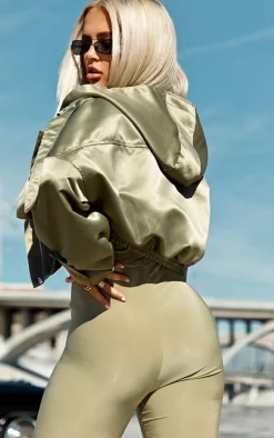 PrettyLittleThing Bomber Jackets*Satin Oversized Hooded Pocket Bomber Jacket