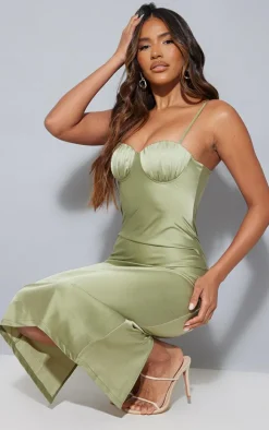 Satin Ruched Cup Strappy Midi Dress-PrettyLittleThing Online